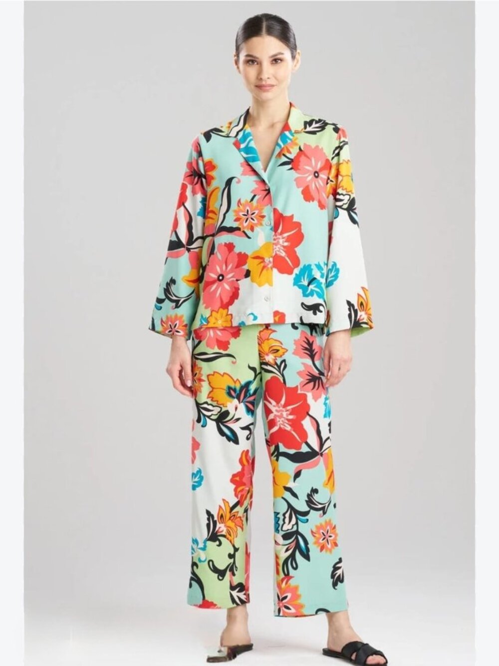 Natori Marbella Notch Matte Satin Floral Pajama Set Size Small